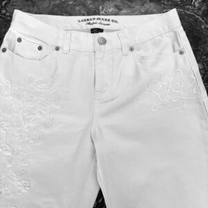 Vintage Ralph Lauren Logo Floral Embroidered Women's White Jeans size 2P 27